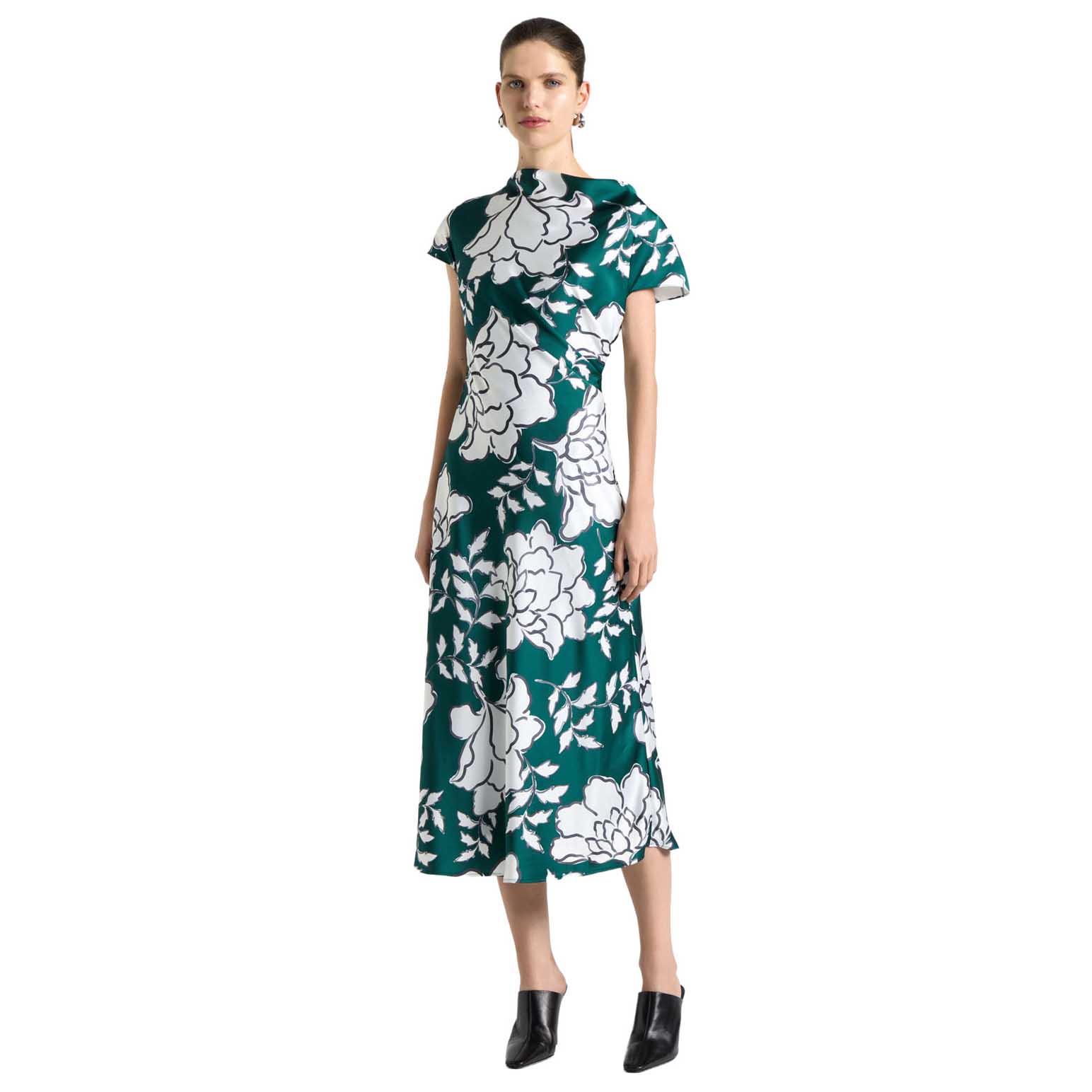 Cue Graphic Floral Satin Drape Neck Midi Dress
